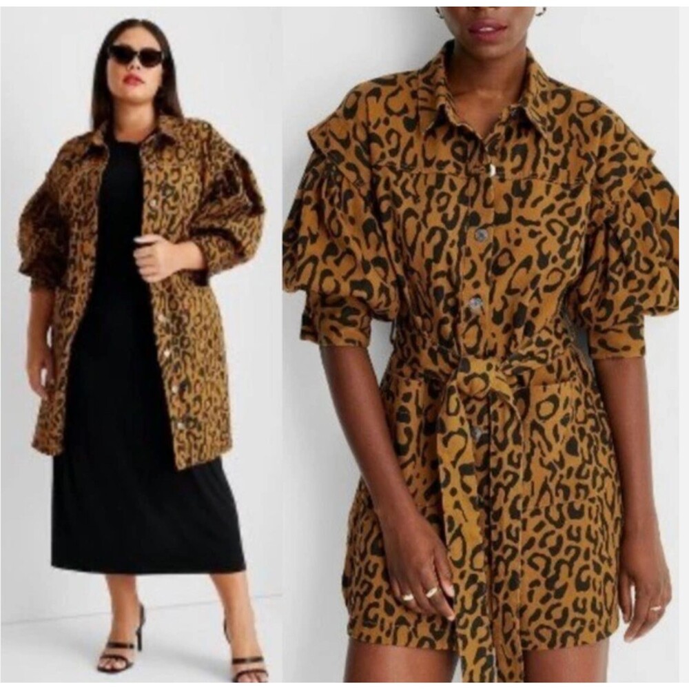 Future Collective Kahlana Brown Leopard Dress Women 16 Denim Utility Long Sleeve